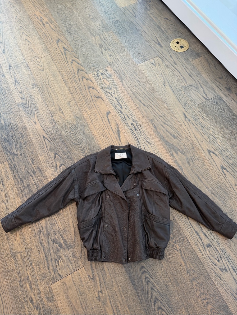 YSL Saint Laurent Chocolate Brown Leather Jacket 34 XS pebbled effect